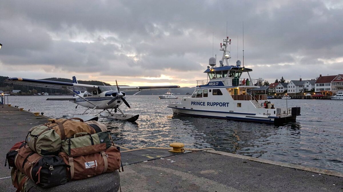 A floatplane and the Digby Island airport ferry tied at the Prince Rupert dock at first light, low cloud over the harbour, a stack of duffel bags on the ramp in the foreground.
