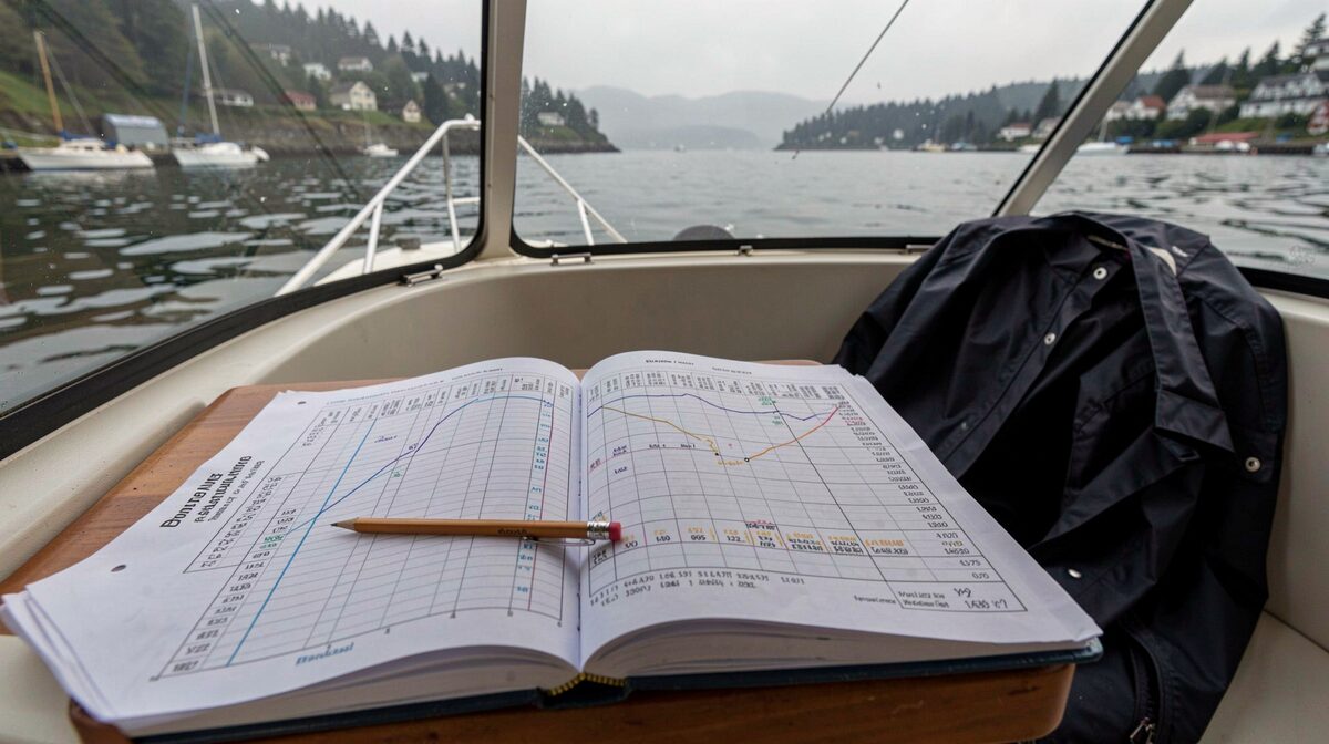 A paper tide and current table open on a boat's console in Prince Rupert harbour, morning light, a pencil resting on the slack water column, rain hood on the seat behind.